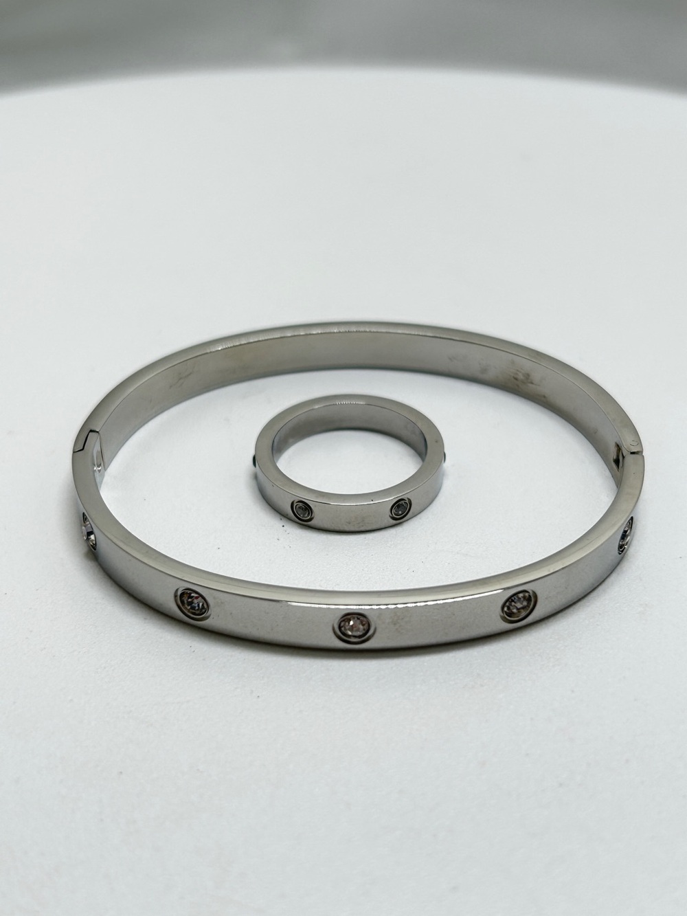 Silver And Crystal Hinged Luv Bracelet And Ring Set, Stainless, Size 7 3/4 Ring